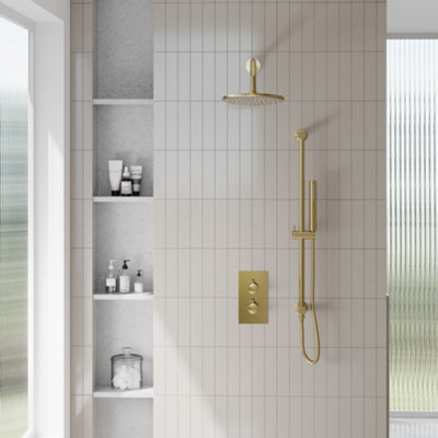 Scudo Apres Brushed Brass Round HandleHead & Handset Riser Kit from B&Q