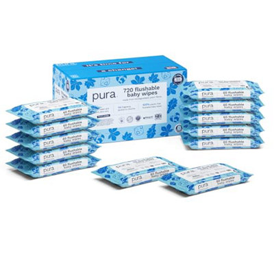 Pura Flushable Baby Wipes 12 X 60 Per Pack(720 Water Based Wet 100% Plastic Free99% Suitable For Sensitive & Eczema Prone from B&Q
