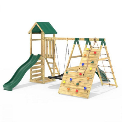 B&Q -  Wooden Garden Climbing Frame With Swings6+8Ft Slides & Climbing Wall For KidsCrestone