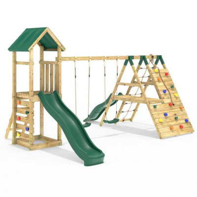 B&Q -  Wooden Garden Climbing Frame With Swings6+8Ft Slides & Climbing Wall For KidsHayes