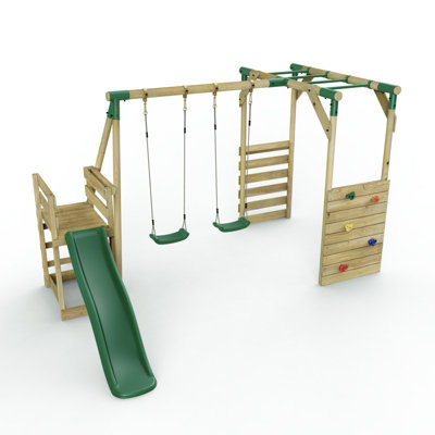 B&Q -  Wooden Children's Swing Set With Monkey Bars Plus Deck & 6Ft SlideDouble SwingVenus Green