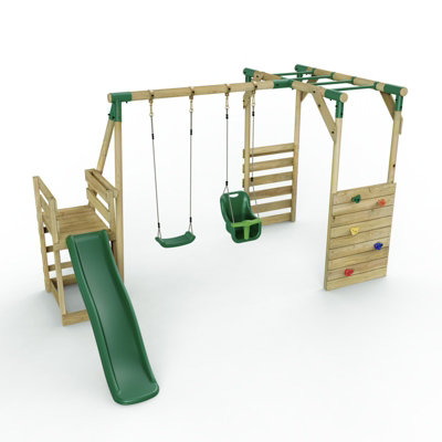 B&Q -  Wooden Children's Swing Set With Monkey Bars Plus Deck & 6Ft SlideDouble SwingLuna Green