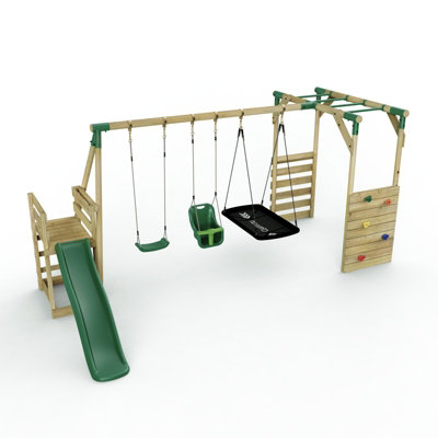 B&Q -  Wooden Children's Swing Set With Monkey Bars Plus Deck & 6Ft SlideTriple SwingHalley Green