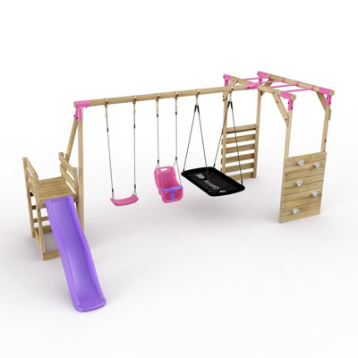 Rebo Pink Wooden Children's Swing Set With Monkey Bars Plus Deck & Slide - Triple Swing - Halley 6Ft