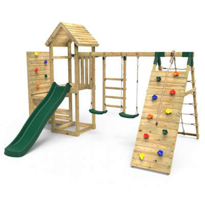 B&Q -  Wooden Garden Climbing Frame With Vertical Rock WallSwing Set And Slide For KidsDolomite+