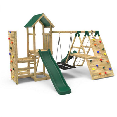 Rebo Wooden Garden Climbing Frame With Vertical Rock WallSwing Set And Slide For KidsCrestone+ from B&Q