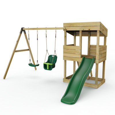 Rebo Wooden Garden Lookout Tower Playhouse With 6Ft Slide & Swings For KidsEverglades from B&Q