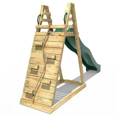B&Q -  Children's Wooden Free Standing 10Ft Kids Water Slide With Adventure WallGreen