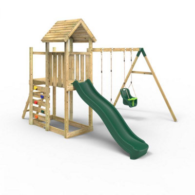 Rebo Extended Tower Wooden Climbing Frame With Swings & Slide - Rainier 8Ft