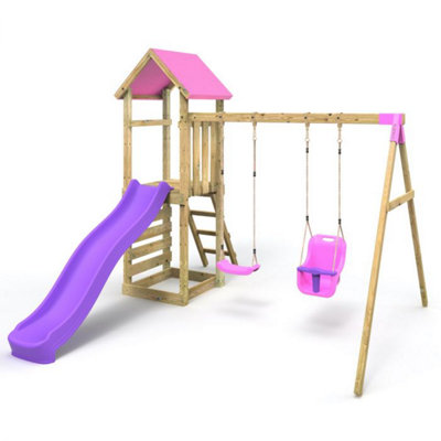 Rebo Pink Adventure Wooden Climbing Frame, Swing Set And Slide - Rainier 8Ft