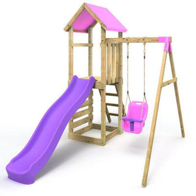 Rebo Pink Adventure Wooden Climbing Frame, Swing Set And Slide - Rosa 8Ft