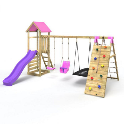 Rebo (Sanford Pink) Challenge Wooden Climbing Frame With Swings, Slide And Up & Over Climbing Wall - Image 3