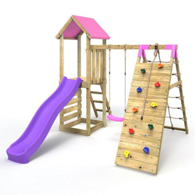 B&Q -  Challenge Wooden Garden Climbing Frame With SwingsSlide And Up & Over Climbing Wall For KidsBear Pink