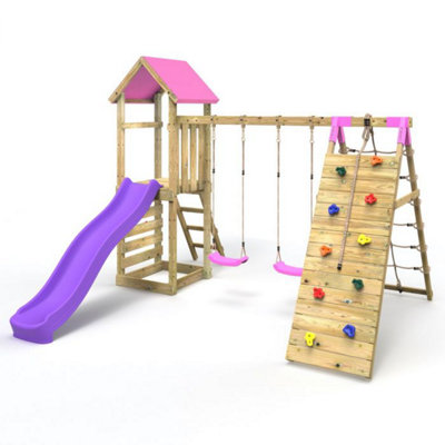 Rebo (Greenhorn Pink) Challenge Wooden Climbing Frame With Swings, Slide And Up & Over Climbing Wall - Image 3