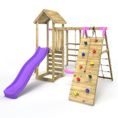 Rebo Wooden Garden Climbing Frame With SwingsSlideUp & Over Climbing Wall And Monkey Bars For KidsCarpathian Pink from B&Q