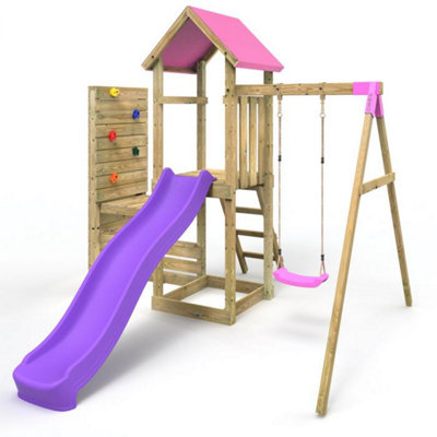 Rebo Wooden Climbing Frame With Vertical Rock WallSwing Set And SlideRushmore+ Pink from B&Q