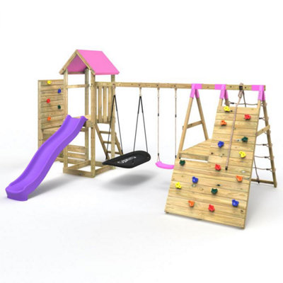 Rebo Pink Wooden Climbing Frame With Vertical Rock Wall, Swing Set And Slide - San Luis+ 8Ft