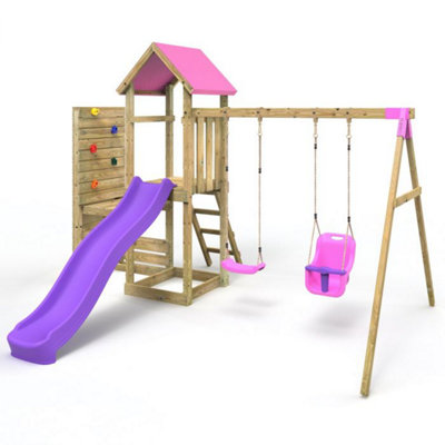 Rebo Pink Wooden Climbing Frame With Vertical Rock Wall, Swing Set And Slide - Rainier+ 8Ft