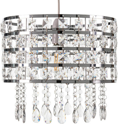 B&Q -  Chrome Ceiling Light Shade Cylinder Shape With Clear Acrylic Crystals 26Cm X 30Cm