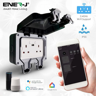 Ener-J 2 Gang Smart Weatherproof Ip55 Rated Outdoor Socket 13A Wifi Twin Wall Socket With Usb Port