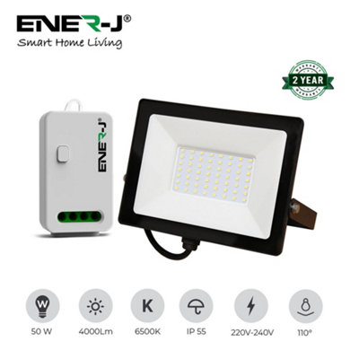 Ener-J 50W Led Floodlight Pre Wired With 500W Rf Receiver + 1 Gang Wireless Kinetic Switch (White Body) from B&Q