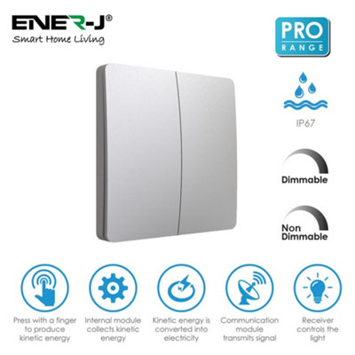 Ener-J EnerJ 2 Gang Wireless Kinetic Switch Battery Free No Wiring Silver Body Dimmable And Non Dimmable from B&Q
