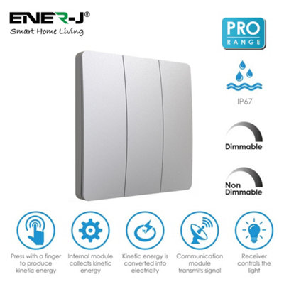 Ener-J EnerJ 3 Gang Wireless Kinetic Light Switch Dimmable Silver Ip56 from B&Q