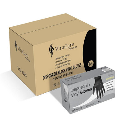  - 1000 X Black Disposable Gloves Medium Double Thickness Vinyl Latex Free Powder Non-Sterile
