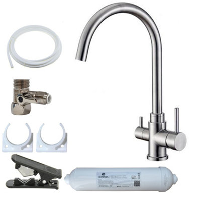 B&Q -  Pisa Brushed 304 Stainless Steel 3-Way Tap & Advanced Single Filter Under-Sink Drinking Water Filter & Filter Kit