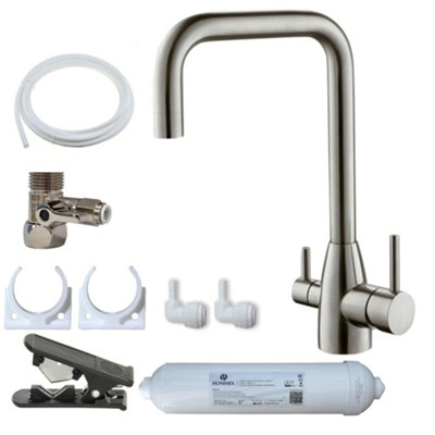 B&Q -  Olaf Brushed 304 Stainless Steel 3-Way Tap & Advanced Single Filter Under-Sink Drinking Water Filter & Filter Kit