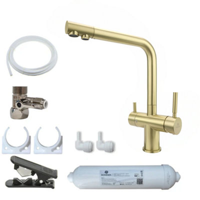 B&Q -  Lucca Brushed Brass 3-Way Tap & Advanced Single Filter Under-Sink Drinking Water & Filter Kit