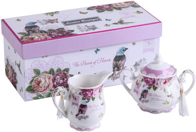 London Boutique Sugar Bowl And Cream Milk Jug Shabby Chic Vintage Floral In Gift Box (Bird Rose Butterfly)