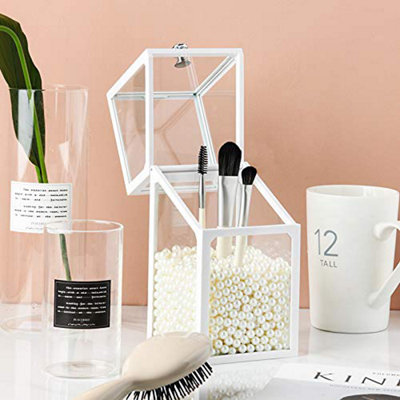 London Boutique Large Makeup Organiser Cosmetic Storage Makeup Brush Holder With Lid Dustproof Pearls (White) from B&Q