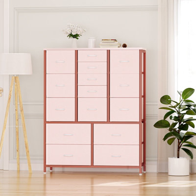 B&Q -  15 Drawer Fabric Dresser,tall Fabric Storage Chest,vertical Storage Cabinet For Bedroom Closet Living Room,pink