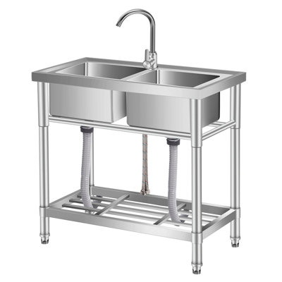 B&Q -  Double Bowl Stainless Steel Sink With Tap & Undershelf,freestanding Catering Utility Sink 84Cm X 46Cm X 76Cm
