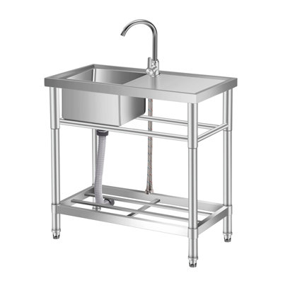 B&Q -  Double Bowl Stainless Steel Sink With Tap & Undershelf,freestanding Catering Utility Sink 76Cm X 41Cm X 76Cm