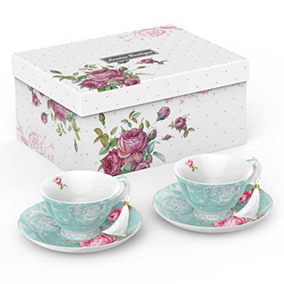 B&Q -  Tea Cup And Saucer Set 2 Afternoon Tea Set New Bone China Vintage Flora Gift Box 200M (Turquoise)