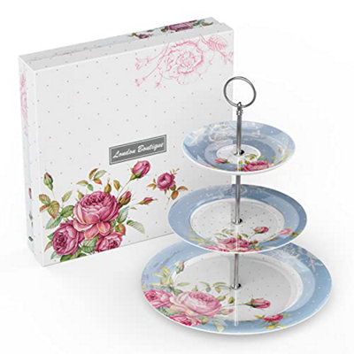 B&Q -  3 Tier Cake Stands Afternoon Tea Cake Stand Plates New Bone China Vintage Flora Gift For Her (Blue)