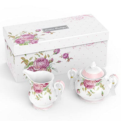 London Boutique Milk Jug Sugar Bowl Fine China Vintage Flora Gift Box 1300Ml (Milk Jug Sugar Bowl)