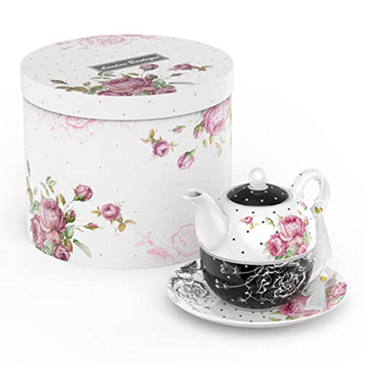 London Boutique Tea For One Teapot Teacup Saucer Set Afternoon Tea Set For 1 New Bone China (Black) from B&Q