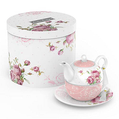 London Boutique Tea For One Teapot Teacup Saucer Set Afternoon Tea Set For 1 New Bone China (Pink) from B&Q