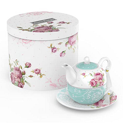 London Boutique Tea For One Teapot Teacup Saucer Set Afternoon Tea Set For 1 New Bone China Vintage(Turquoise) from B&Q