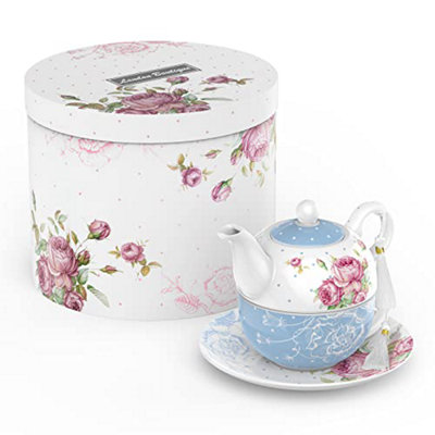 London Boutique Tea For One Teapot Teacup Saucer Set Afternoon Tea Set For 1 New Bone China  (Blue) from B&Q