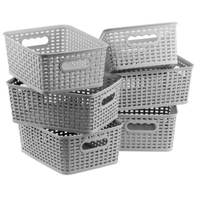  - 6Pcs Matt Grey Rattan Effect Plastic Stackable Storage Basket (H)24.5Cm (W)25Cm(D) 18Cm
