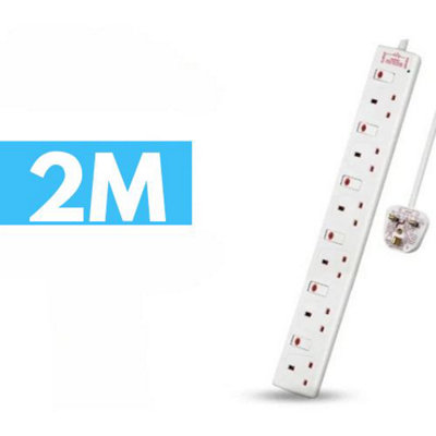  - 6 Socket 13A Switched Surge Protected White Extension Lead2M