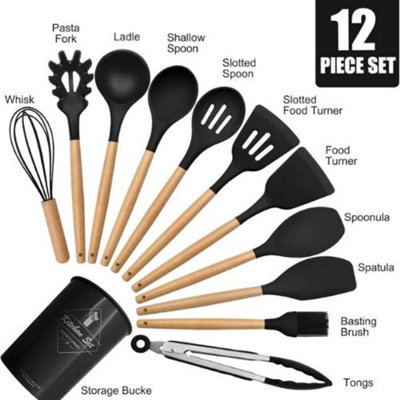  - 12-Piece Silicone Kitchen Utensil Set With Wooden Handles