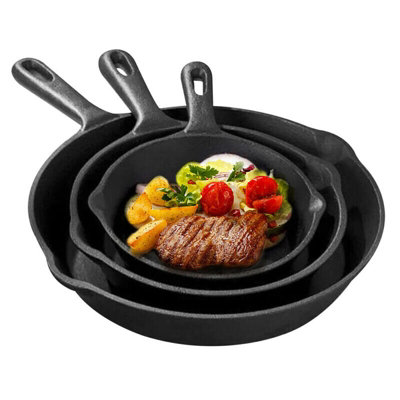 B&Q 3 Piece Heavy Duty Cast Iron Pan Set  Non-Stick Griddle & Frying Pans For Every Chef