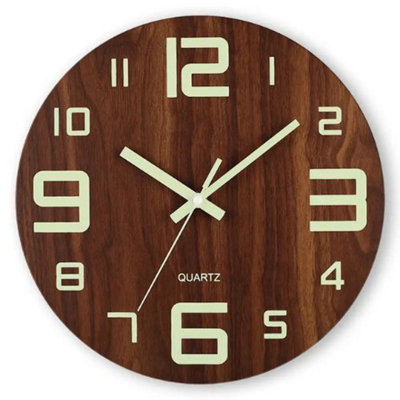 12 Inch Rown Modern Round Luminous Wood Silent Wall Clock from B&Q
