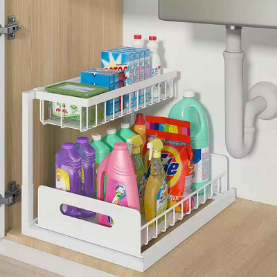 2 Tier Under Sink Organiser With Sliding DrawerMulti Purpose Storage Shelf For Kitchen And  Bathroom from B&Q