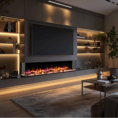 B&Q -  Endeavour Fires Rosedale 3D Media Wall Inset Electric Fireplace With Multi Flame Colours Log & Crystal Set78 Inch